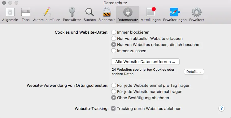 Safari-Einstellungen: Datenschutz